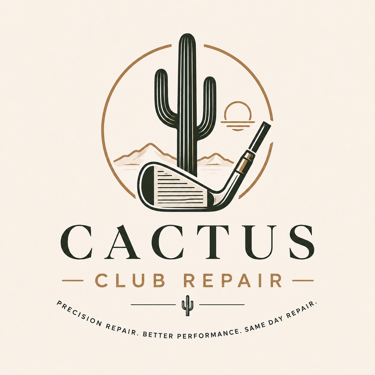Cactus Club Repair logo: cactus, mountains, sunset and golf iron